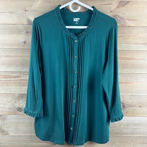 Lands' End Tops - Lands End Womens Shirt 3/4 Sleee Button Up Jersey Ruffle Neck Pintuck Green XL
